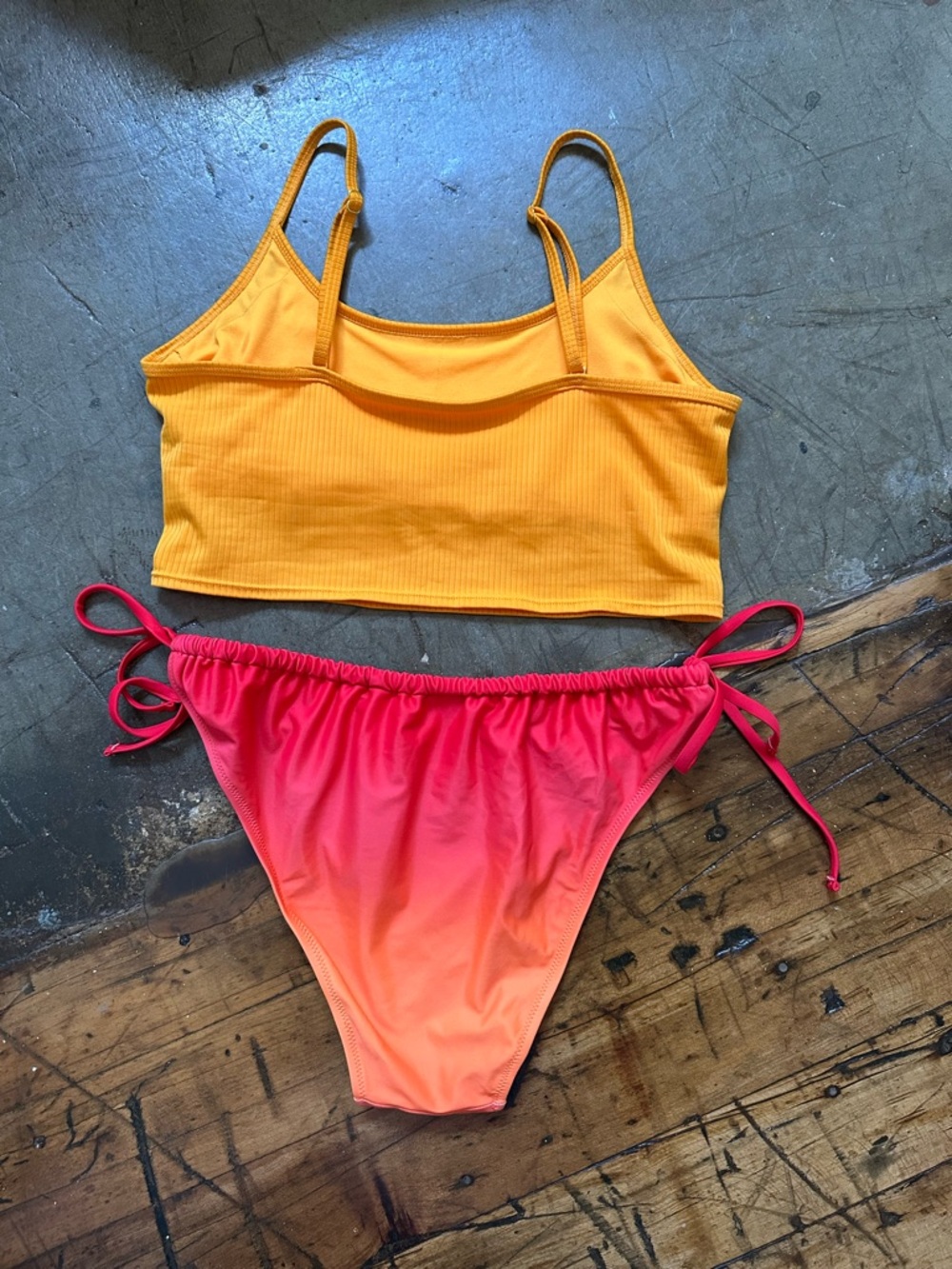 Yellow Ribbed Crop Bikini Top with Pink-Orange Ombre Tie-Side Bottoms - Picture 7 of 8